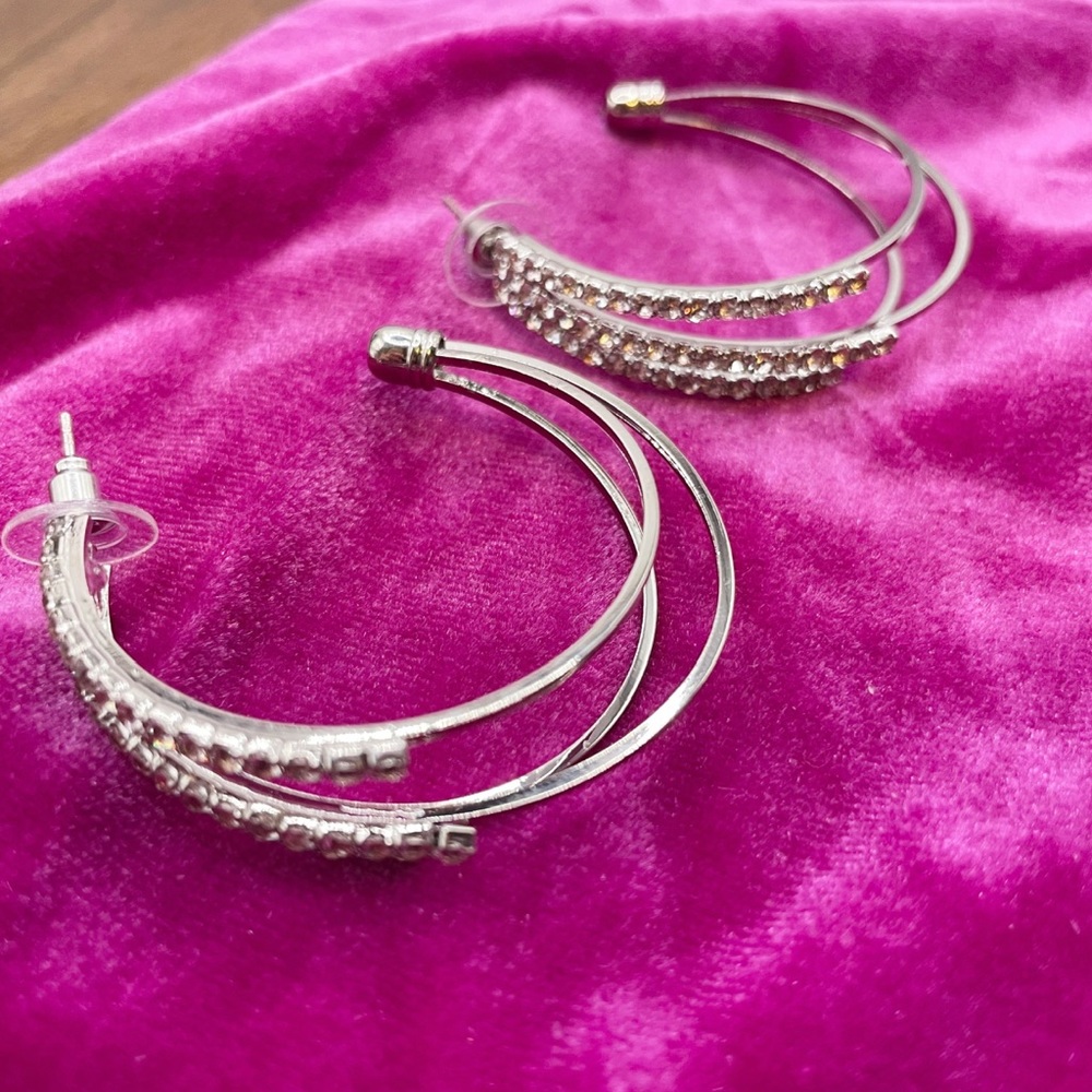 New Silver Rhinestone Fashion Earrings Double Hoop Earrings
